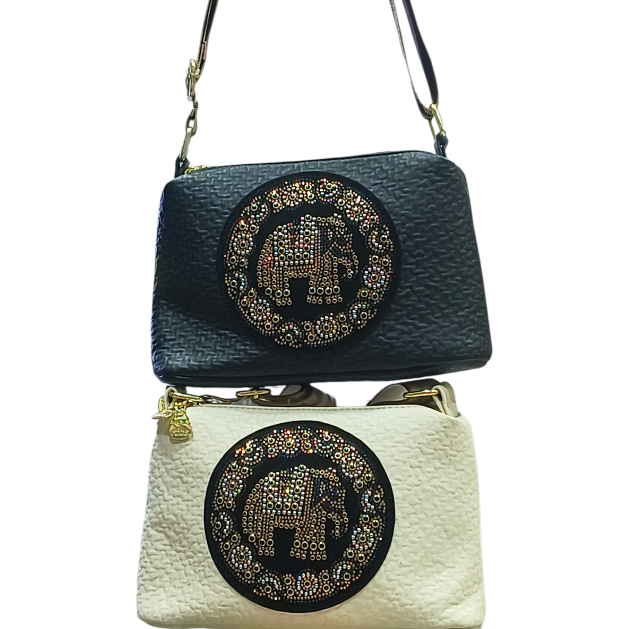 White Quilted Sling Handbag with Rhinestone Detail for Women