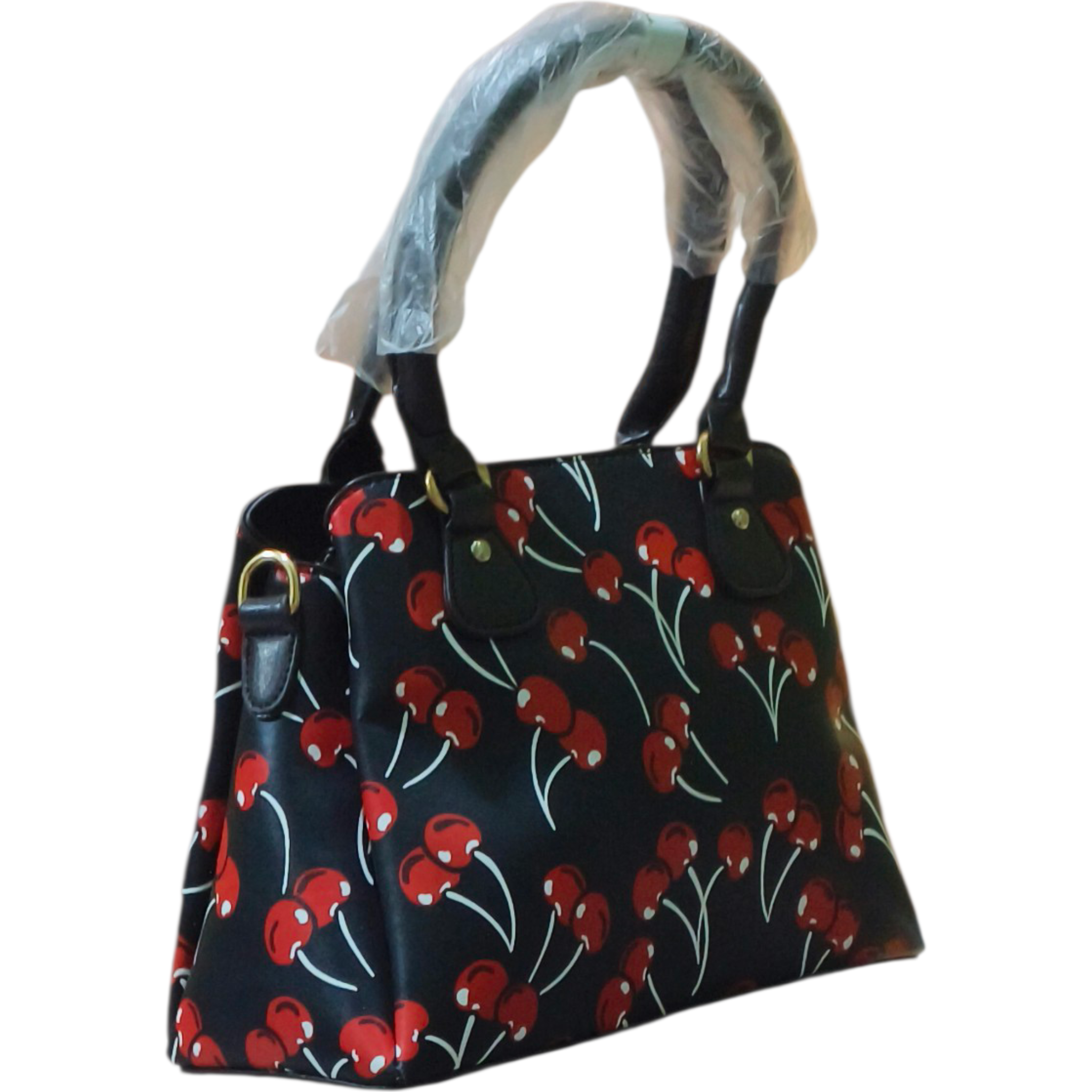 Black Cherry Print Stylish Satchel Handbag for Women