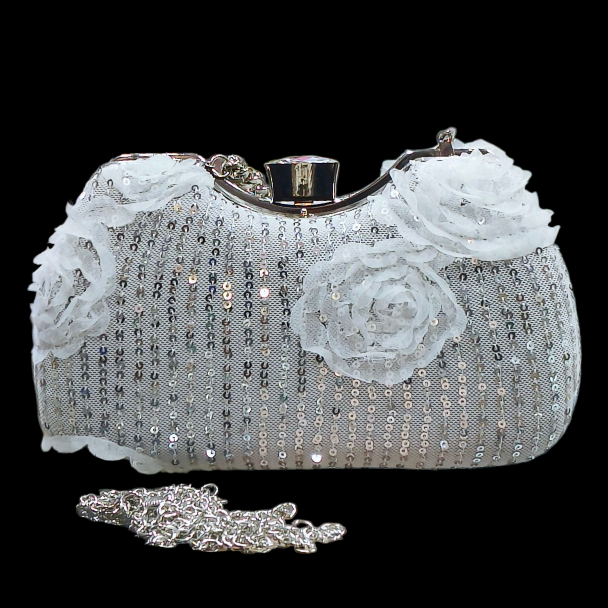 Sequined Curved Evening Clutch With Lace Rose Detailing
