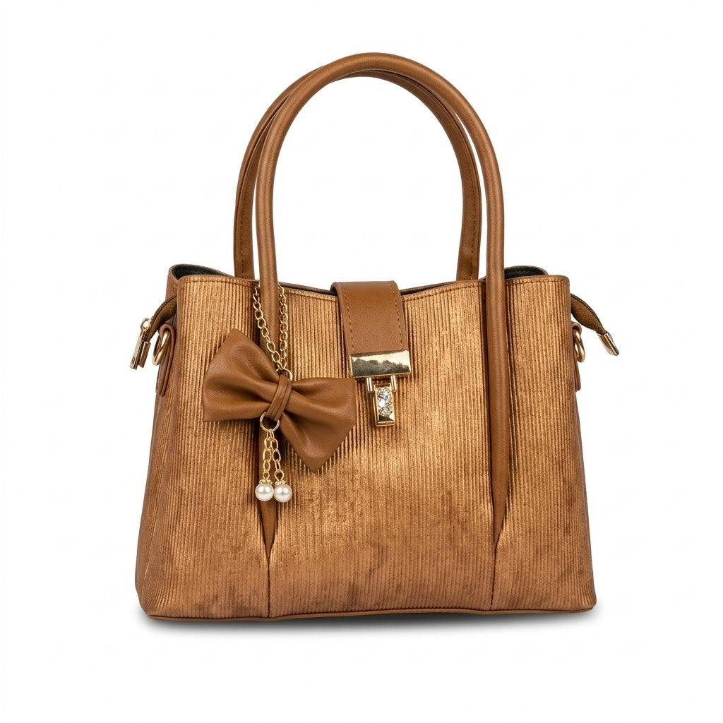 Elegant Copper Textured PU Leather Handbag for Women with Bow Charm & Zip Closure