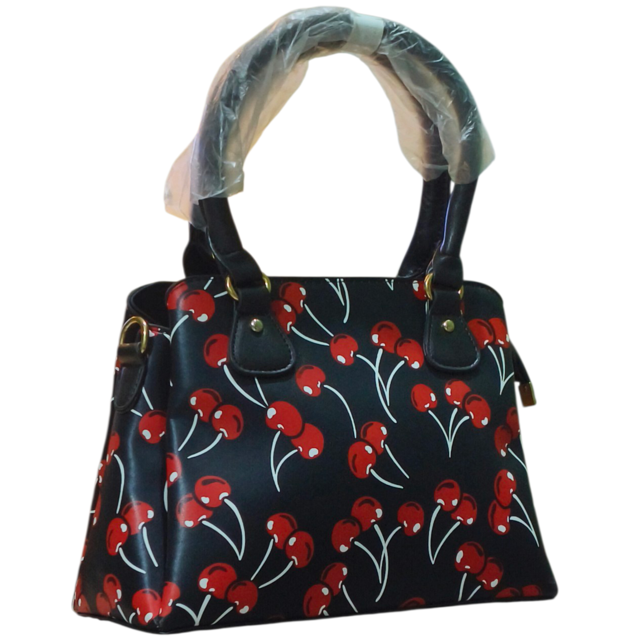 Black Cherry Print Stylish Satchel Handbag for Women