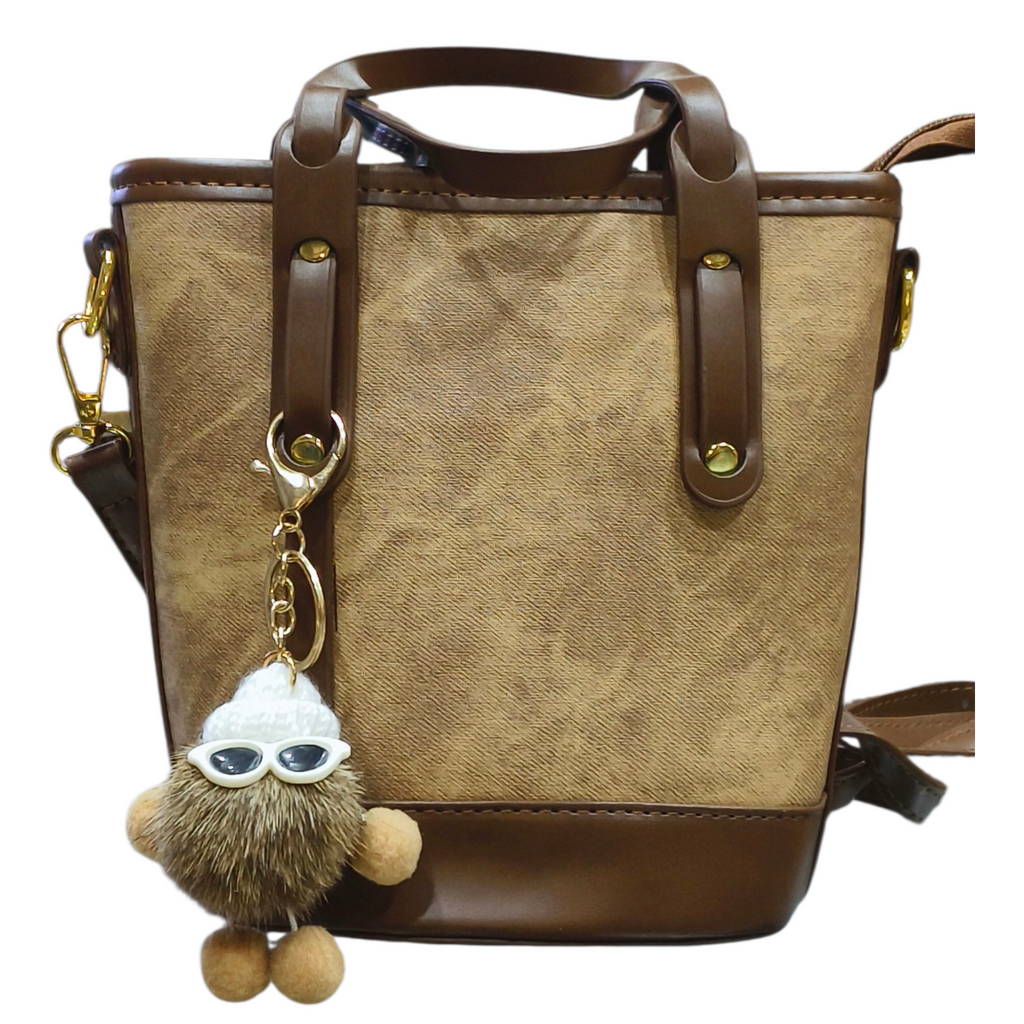 Beige Canvas Handbag with Keychain Charm for Women