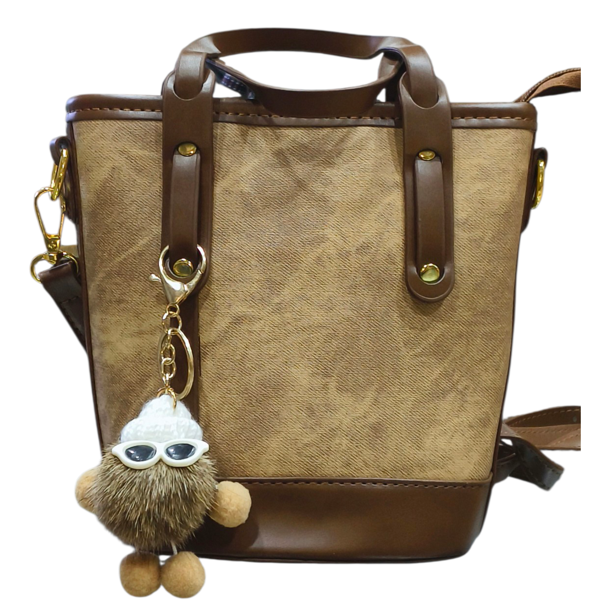 Beige Canvas Handbag with Keychain Charm for Women