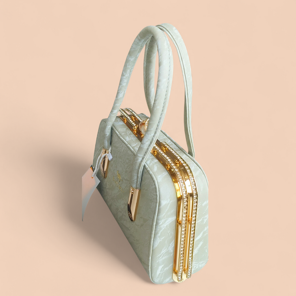 Elegant Pink Faux Leather Handbag with Lace Overlay & Pearl Lock for Women