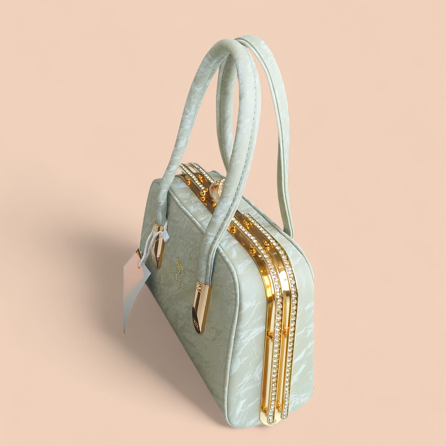Elegant Pink Faux Leather Handbag with Lace Overlay & Pearl Lock for Women