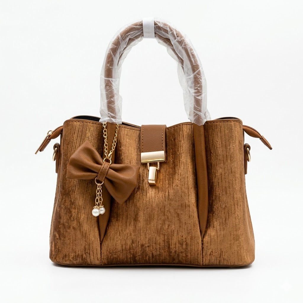 Elegant Copper Textured PU Leather Handbag for Women with Bow Charm & Zip Closure