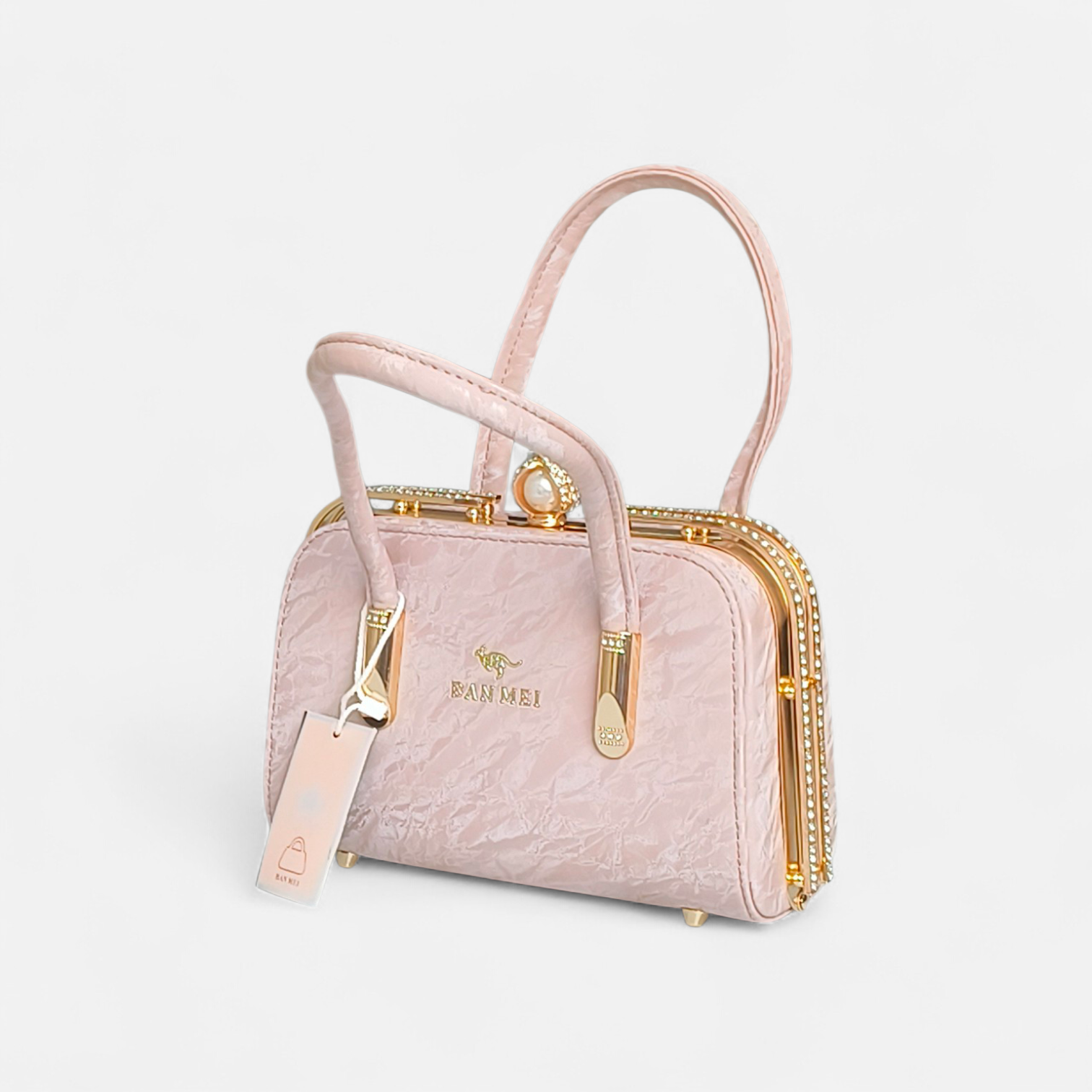 Elegant Pink Faux Leather Handbag with Lace Overlay & Pearl Lock for Women