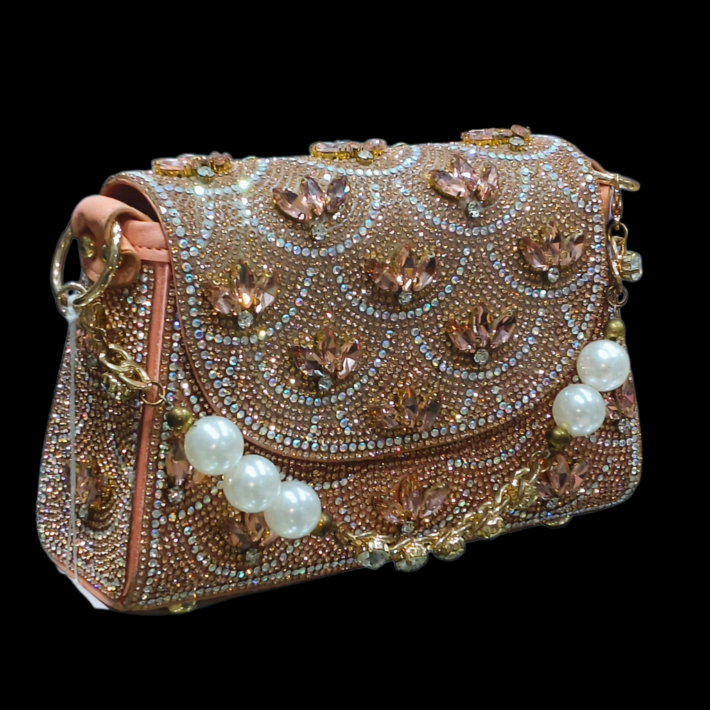 Peach Gold Rhinestone Pearl Embellished Sling Purse