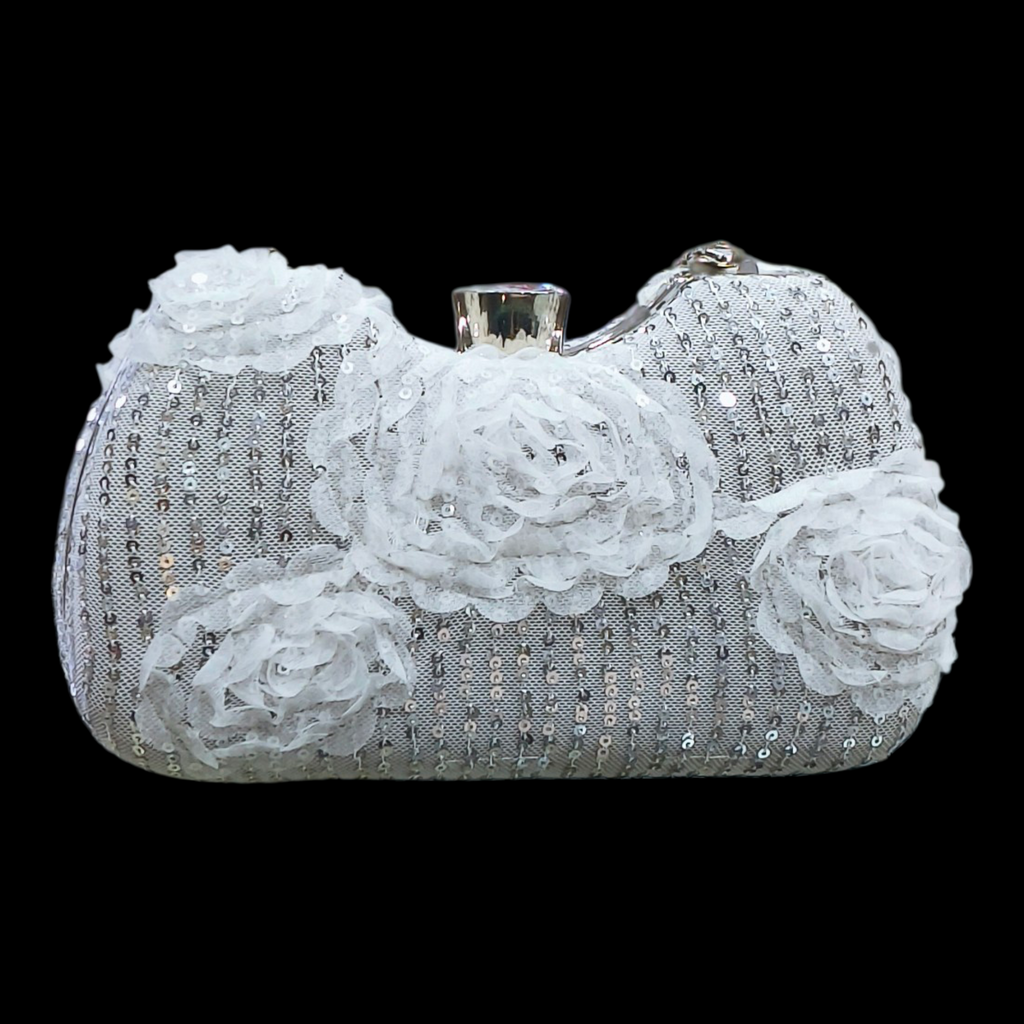 Sequined Curved Evening Clutch With Lace Rose Detailing