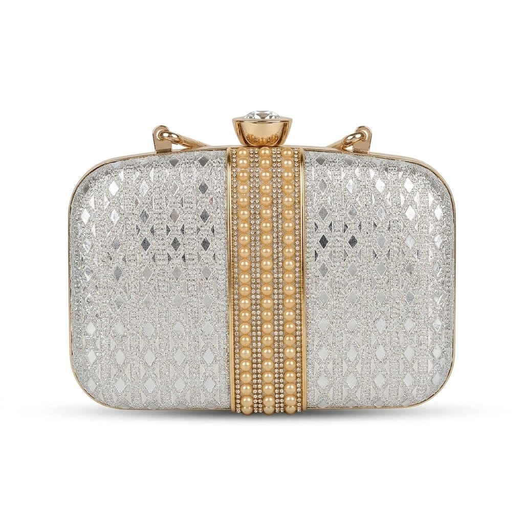 White Party Clutch with Stone & Pearl Detail for Women