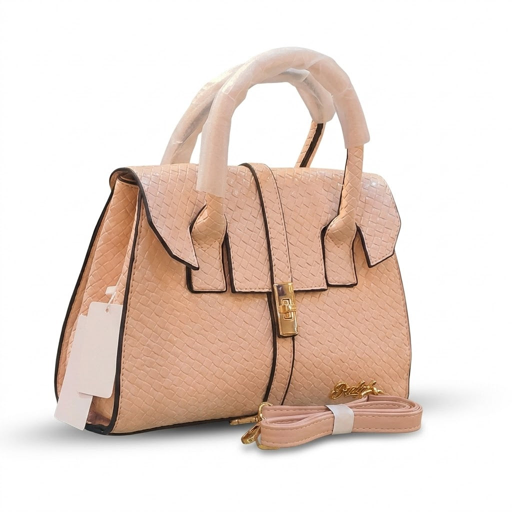 Quilted Peach Pink Handbag for Women with Gold Clasp & Flap Closure