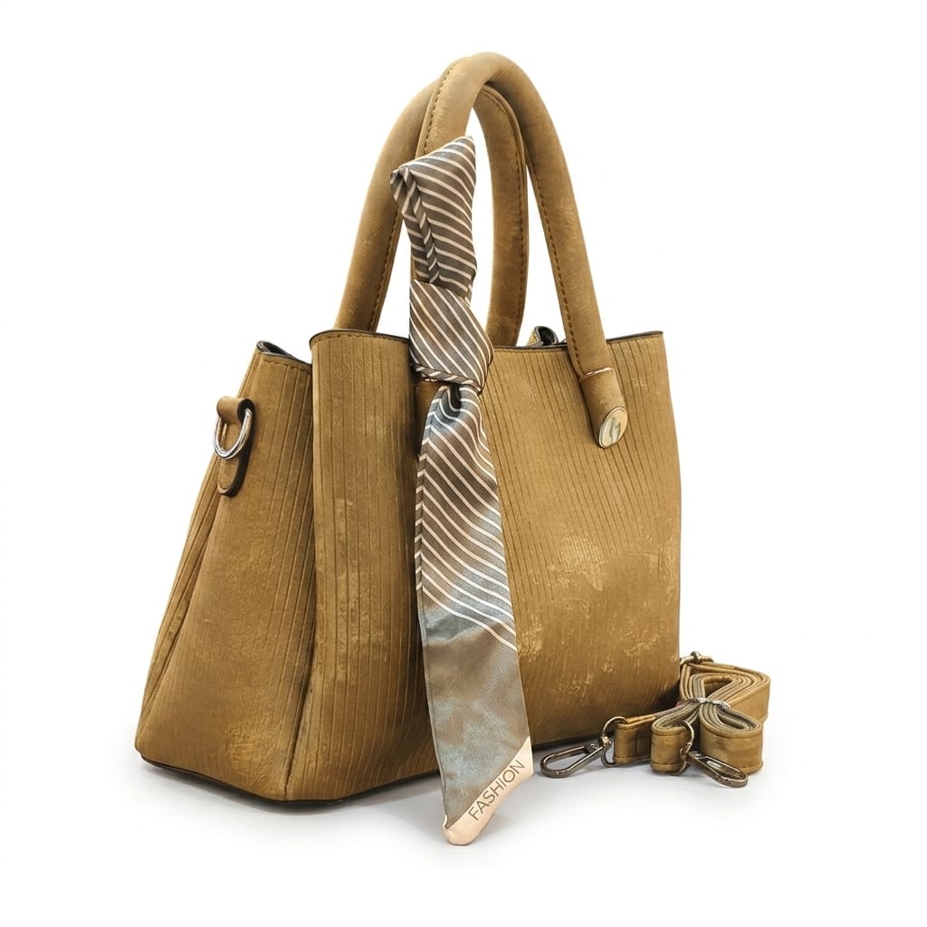 Elegant Golden Beige Corduroy Handbag for Women with Scarf Handle