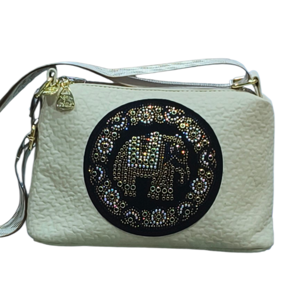 White Quilted Sling Handbag with Rhinestone Detail for Women