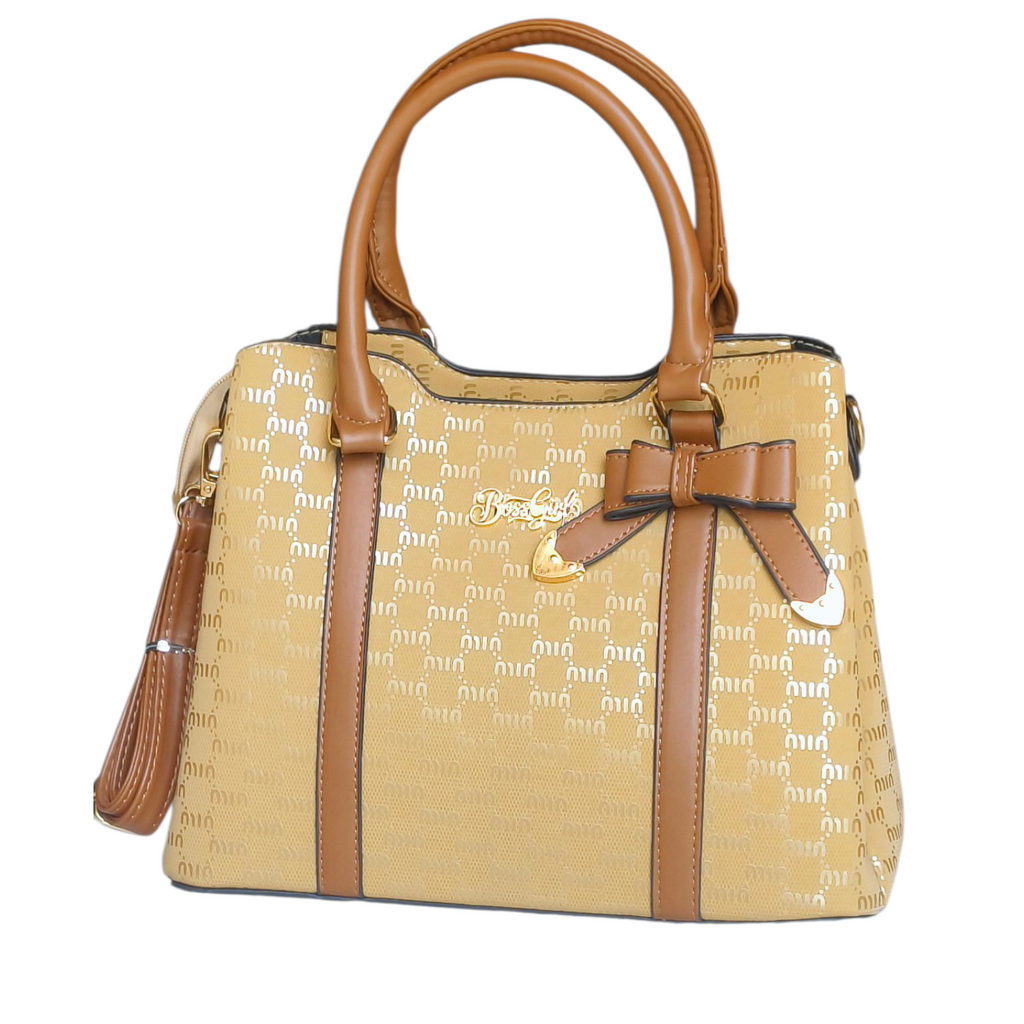 Beige-Gold Monogram Handbag with Bow Detail & Dual Strap for Women