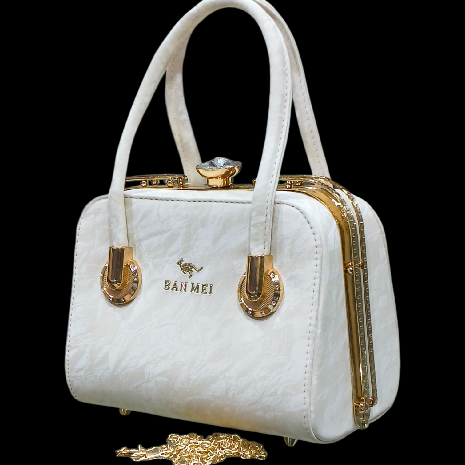 White Stylish Clutch Handbag with Gold Chain for Women