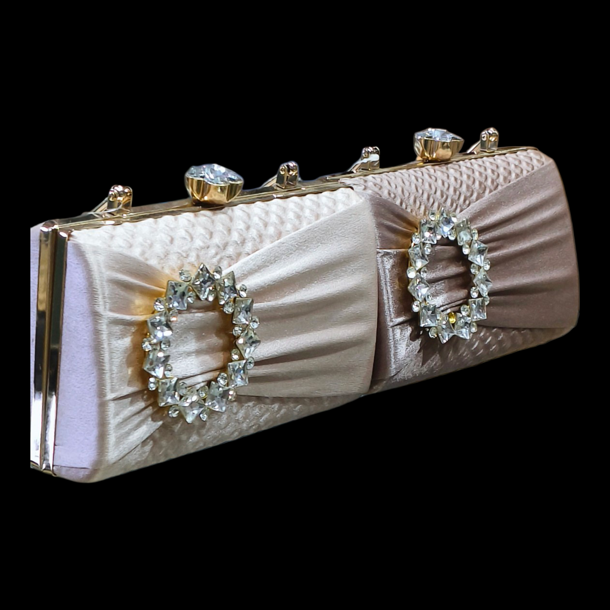 Champagne Satin Evening Clutch With Gemstone Clasp