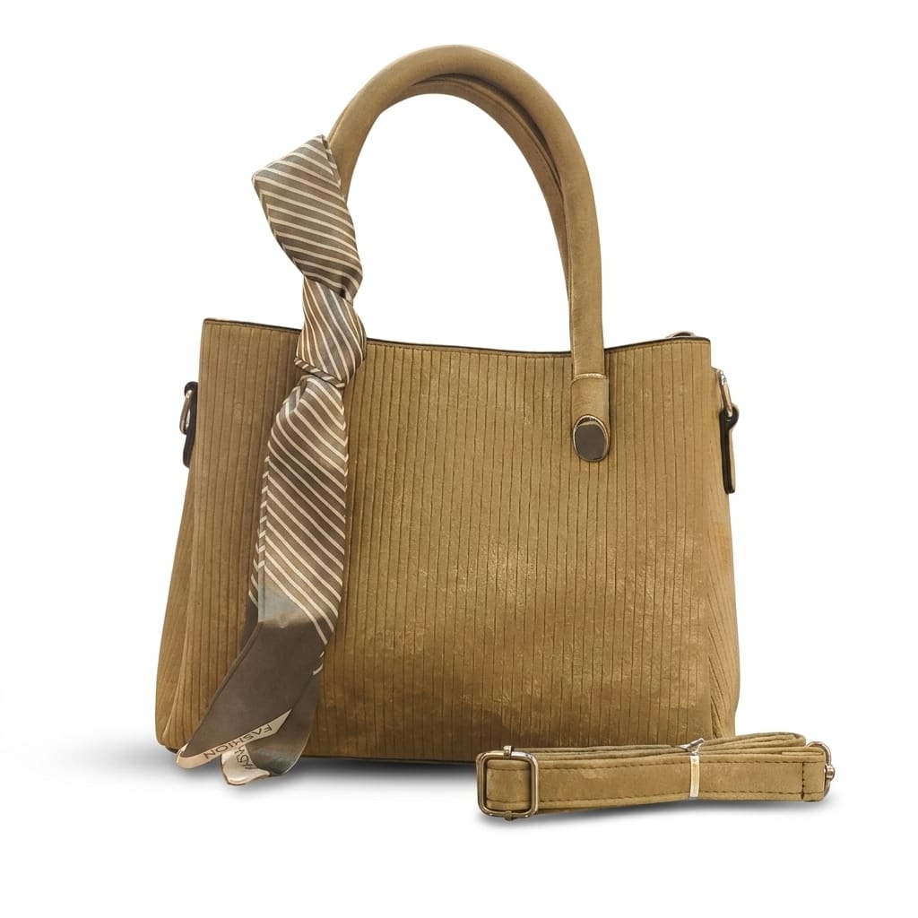 Elegant Golden Beige Corduroy Handbag for Women with Scarf Handle