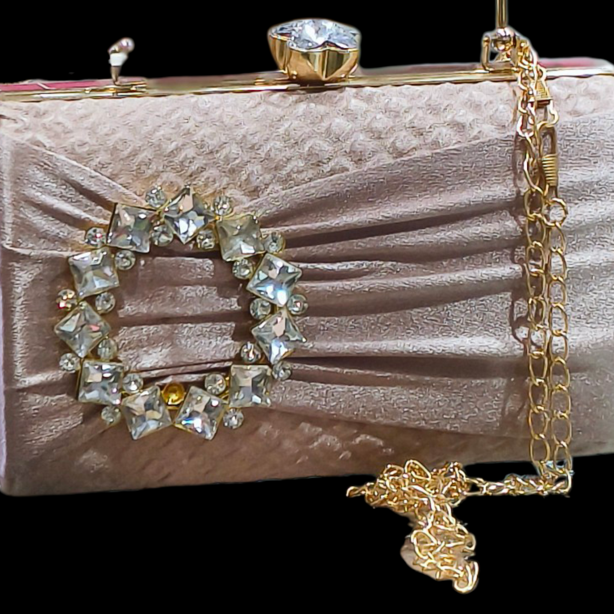 Champagne Satin Evening Clutch With Gemstone Clasp