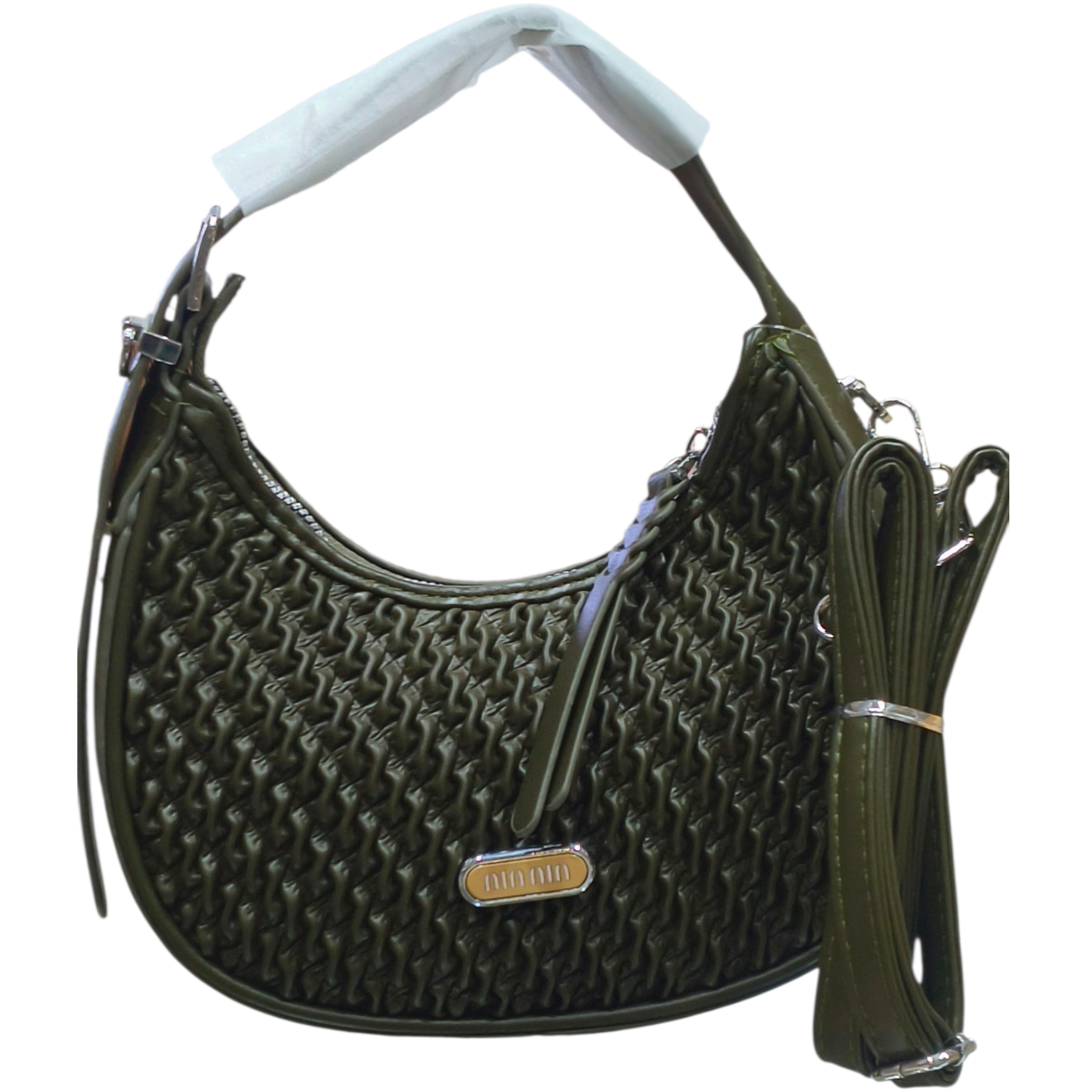 light pink, woven-textured
shoulder bag with a silver-toned metal