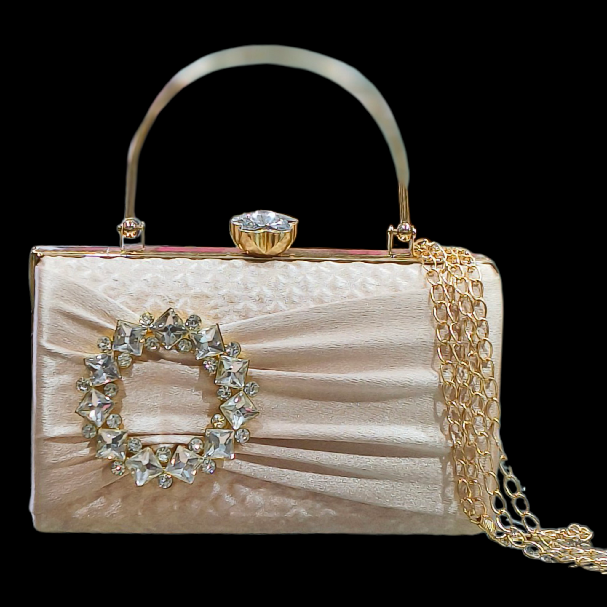 Champagne Satin Evening Clutch With Gemstone Clasp