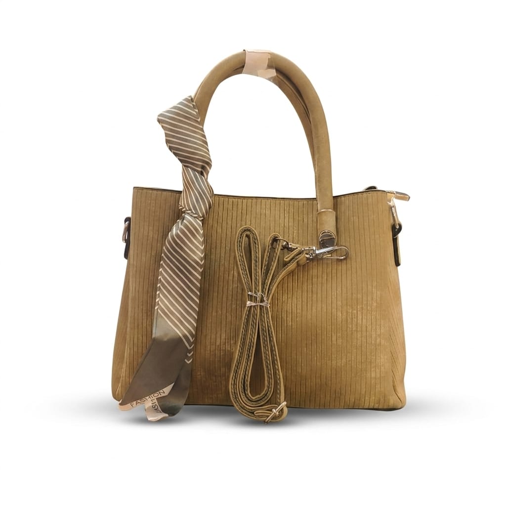 Elegant Golden Beige Corduroy Handbag for Women with Scarf Handle