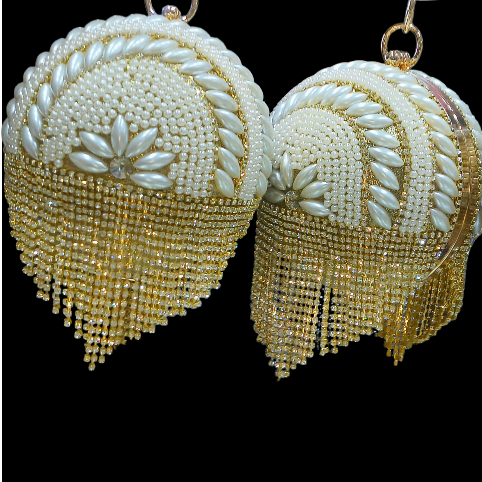 Pearl Embellished Circular Bridal Clutch With Crystal Hoop Handle
