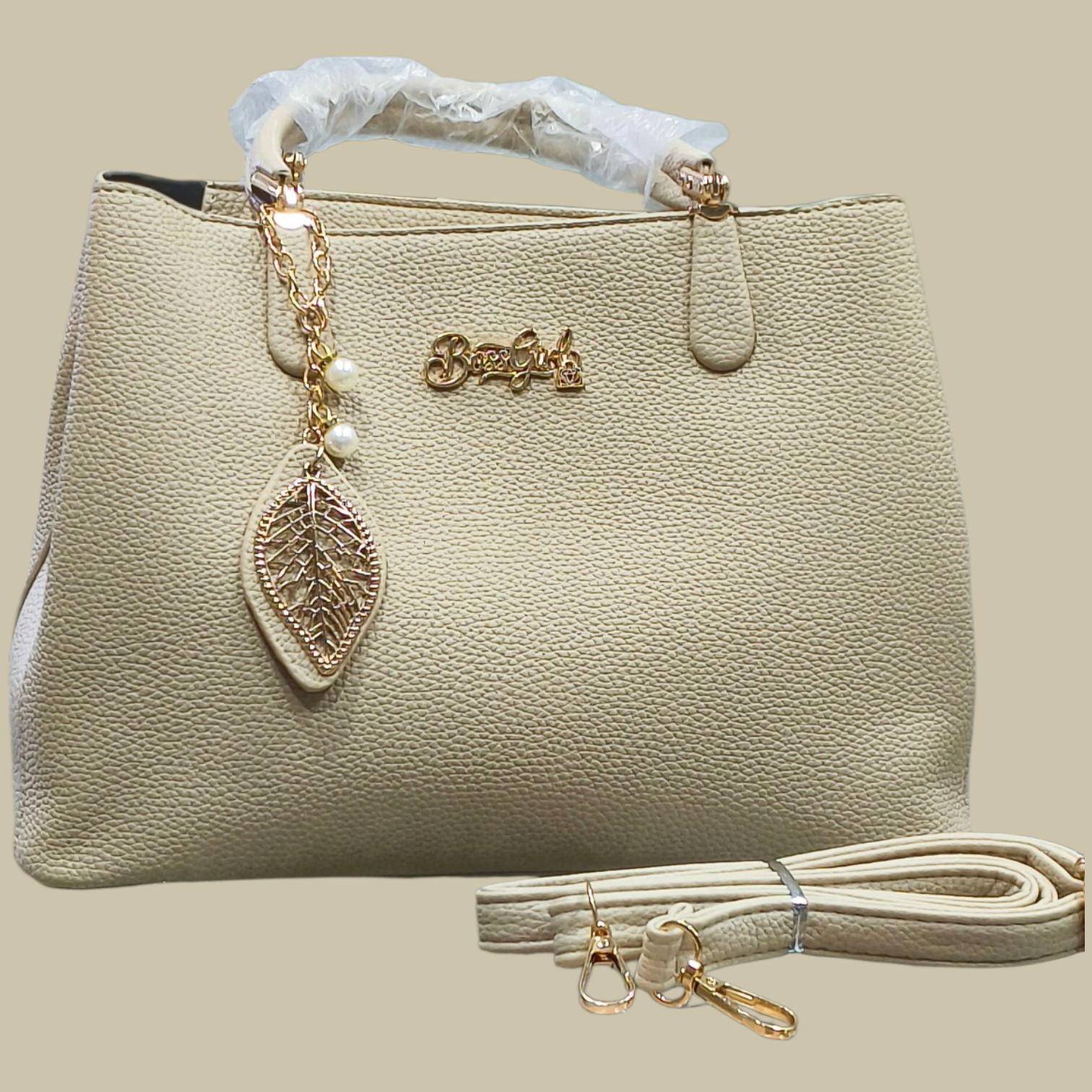 Beige Stylish Handbag with Pearl Chain Detail for Women