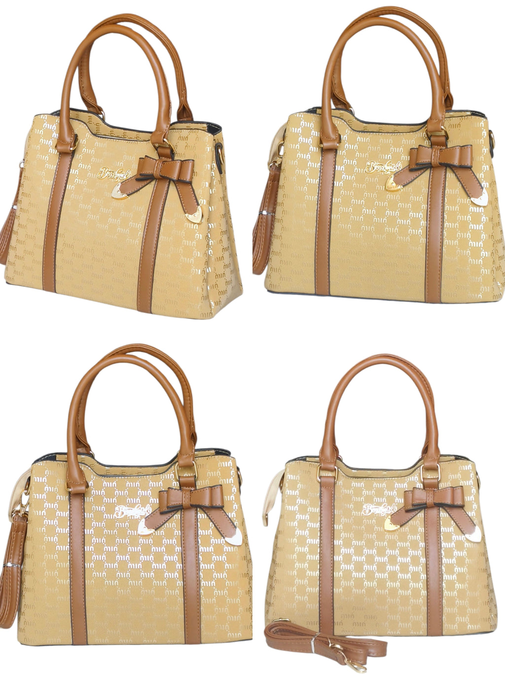 Beige-Gold Monogram Handbag with Bow Detail & Dual Strap for Women