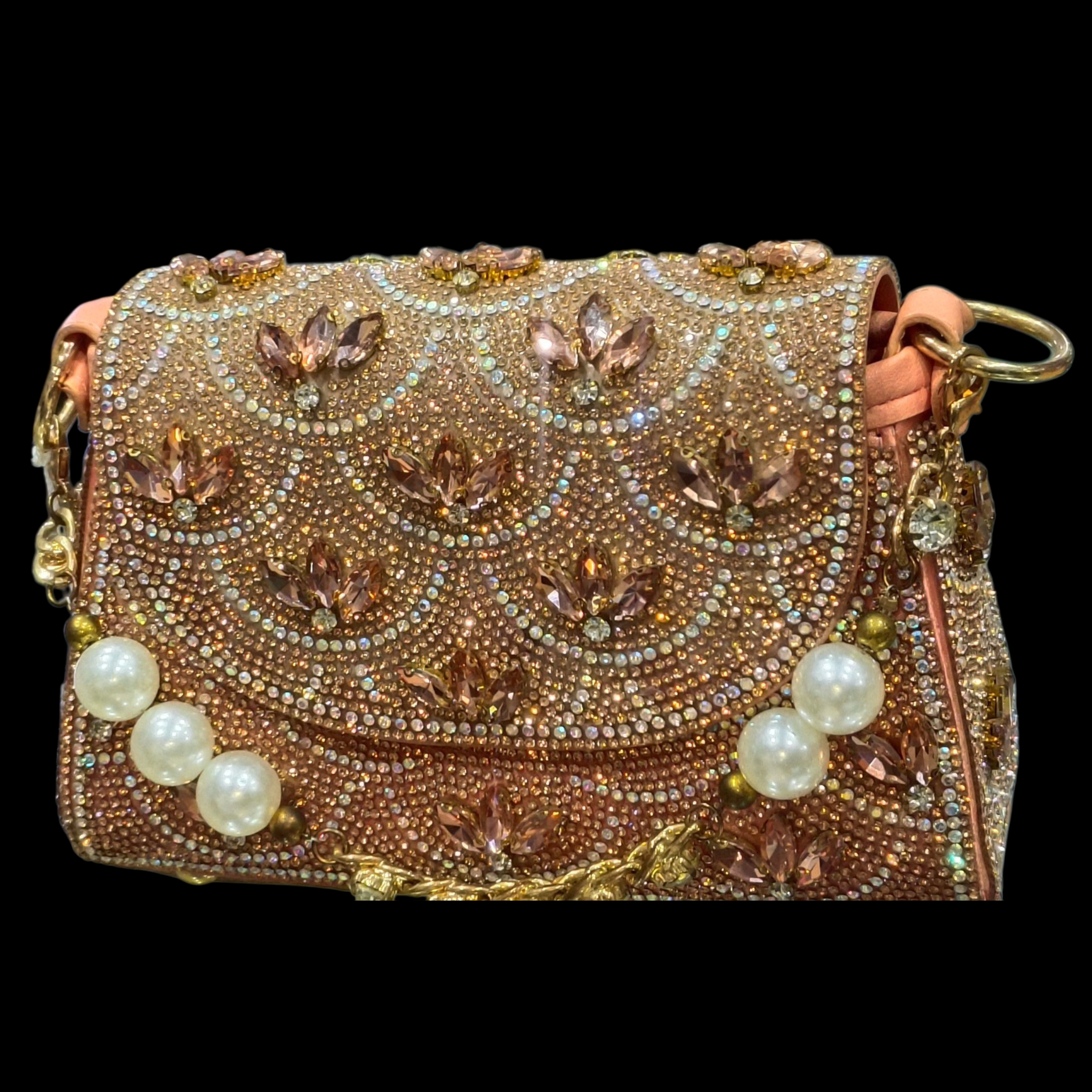 Peach Gold Rhinestone Pearl Embellished Sling Purse