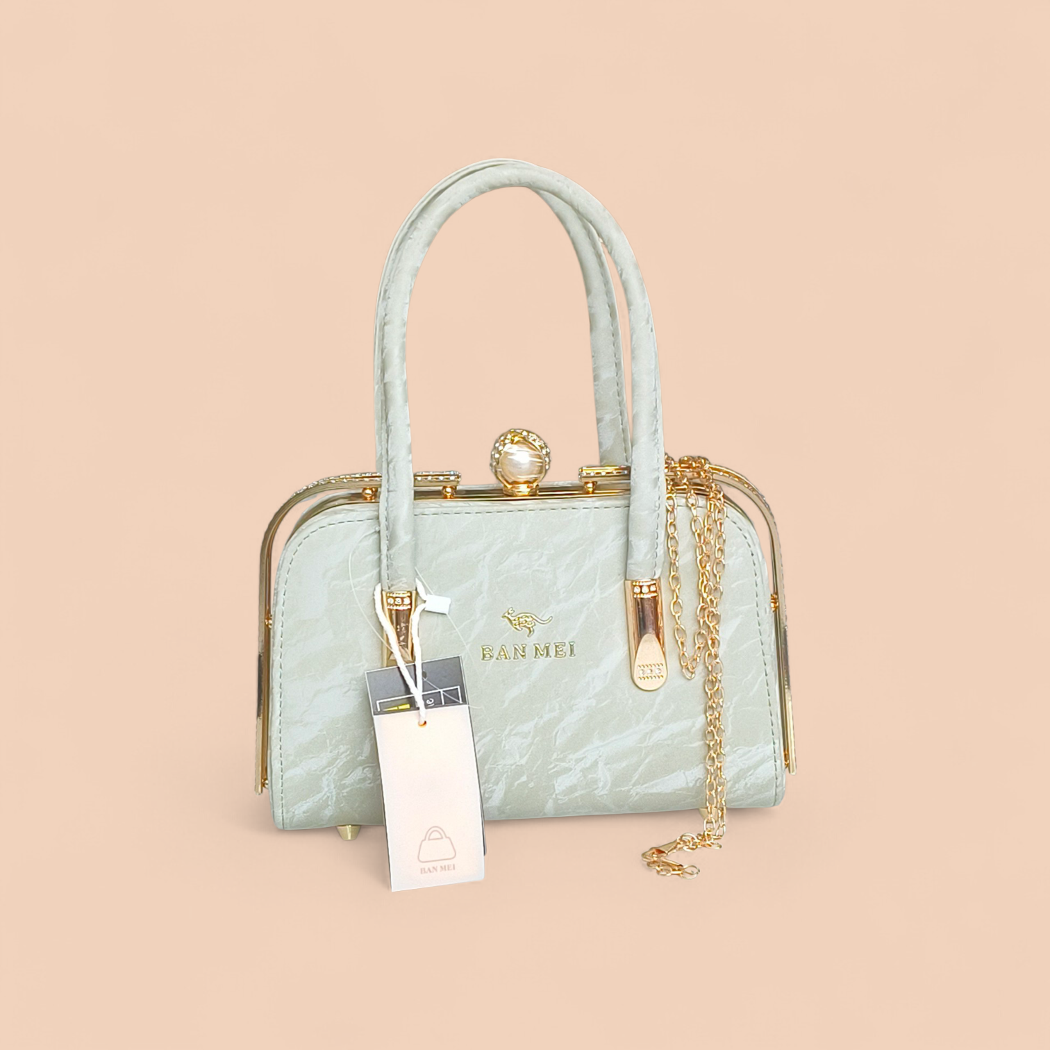 Elegant Pink Faux Leather Handbag with Lace Overlay & Pearl Lock for Women
